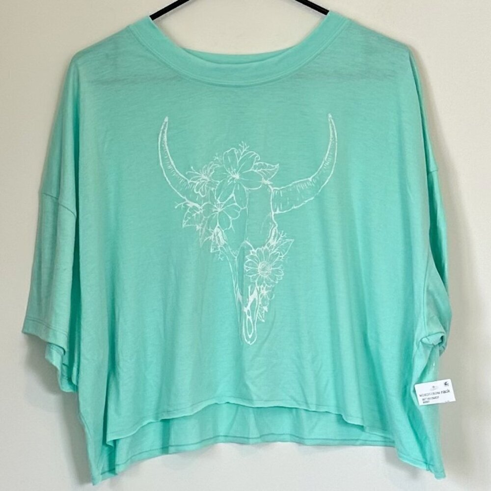 NWT Wst Cst Nordstrom Boxy Crop Oversized Mint White Cow Skull T-Shirt - Large
